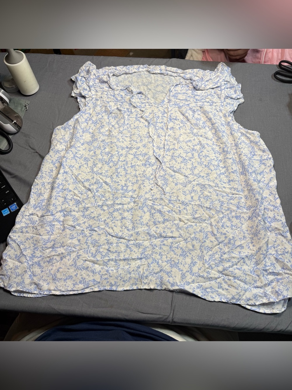 Talbots Light Blue and White Floral Ruffle-Trim Camisole